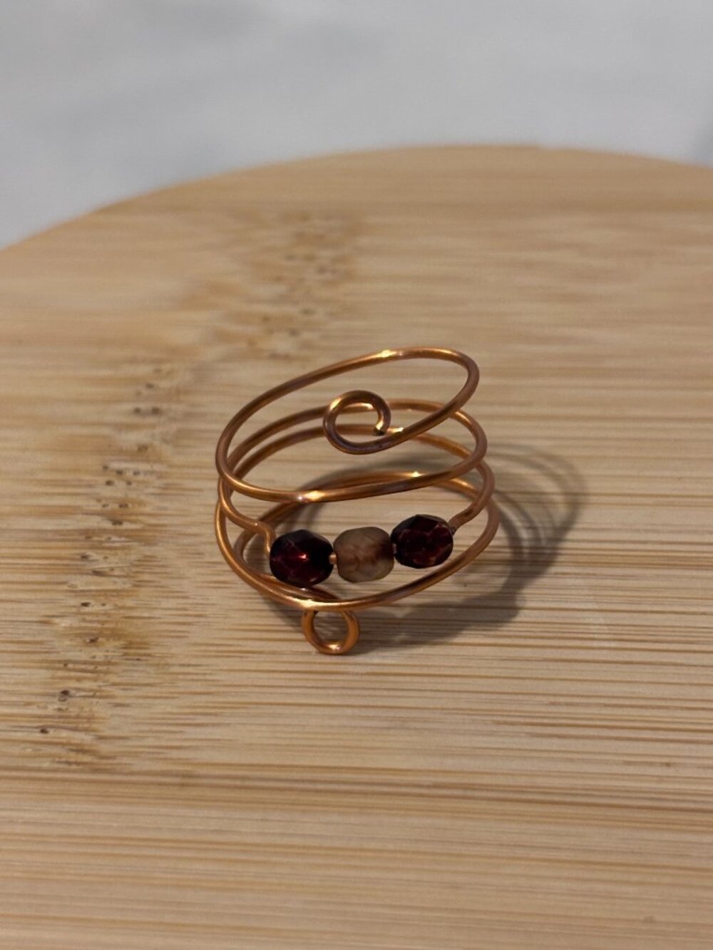 Copper Wire Wrap Ring with Burgundy & Brown Beads Handmade Boho Ring